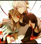  2boys amamiya_hibiya asahina_hiyori ayatoki-1 black_hair blood brown_hair headphones hood hoodie kagerou_project konoha_(kagerou_project) konoha_no_sekai_jijou_(vocaloid) long_hair multiple_boys red_eyes short_hair short_ponytail tears twintails 