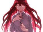  backlighting bad_id bad_pixiv_id breasts danganronpa danganronpa/zero long_hair loose_necktie medium_breasts necktie okuragon otonashi_ryouko red_eyes red_hair school_uniform smile solo tongue tongue_out undressing very_long_hair 