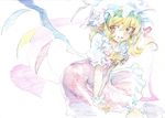  ascot blonde_hair colored_pencil_(medium) dress flandre_scarlet hat highres looking_at_viewer mob_cap open_mouth oshake puffy_sleeves red_dress red_eyes shirt short_sleeves side_ponytail smile solo touhou traditional_media v_arms wings 