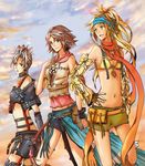  3girls bikini blonde_hair blue_eyes brown_hair final_fantasy final_fantasy_x final_fantasy_x-2 green_eyes heterochromia highres long_hair midriff multiple_girls paine red_eyes rikku short_hair silver_hair swimsuit yuna 