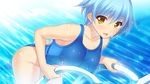  1girl ayase_hazuki bare_shoulders blue_hair breasts game_cg highres kamidere large_breasts legs looking_at_viewer open_mouth pool short_hair smile solo swimsuit thighs water wet yellow_eyes 