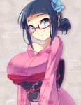  blue_eyes blue_hair blueberry_(5959) breasts flower glasses hair_flower hair_ornament hat japanese_clothes kimono large_breasts lips looking_at_viewer open_mouth original red-framed_eyewear short_hair signature solo 