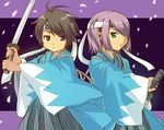  2boys brown_hair child green_eyes hachimaki headband japanese_clothes katana kimono male male_focus multiple_boys oginy red_eyes shinsengumi simple_background standing sword weapon white_hair 