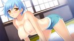  1girl all_fours areolae ayase_hazuki blue_hair blush breasts futon game_cg highres kamidere large_breasts legs looking_at_viewer nipples no_bra short_hair short_shorts shorts solo tan tanline thighs yellow_eyes 