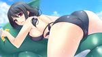  ass ayase_hazuki bikini black_bikini black_hair blush breasts cloud day game_cg hair_ornament holding inflatable_orca inflatable_toy kamidere large_breasts looking_at_viewer looking_back ooguro_miho open_mouth purple_eyes short_hair side-tie_bikini sky solo swimsuit wavy_mouth wet 