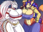  abs anthro areola big_breasts blue_hair breast_squish breasts canine carmelita_fox cleavage clothed clothing duo erect_nipples eye_contact female fox gun hair huge_breasts jaeh long_hair mammal navel nipples ranged_weapon sly_cooper_(series) smile tight_clothing two_tone_hair weapon wolf 