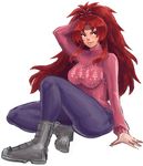  boots breasts christmas christmas_sweater contemporary denim headband jeans large_breasts long_hair pants pltrgst purple_eyes queen's_blade red_hair ribbed_sweater risty sitting smile solo sweater turtleneck 