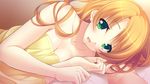  1girl ayase_hazuki bed bed_sheet blush breasts game_cg green_eyes highres kamidere long_hair looking_at_viewer lying nude on_side open_mouth orange_hair pillow small_breasts smile solo tokunaga_hoshino 