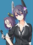 alternate_eye_color breasts cleavage glaive gloves headgear kantai_collection mechanical_halo medium_breasts mole mole_under_eye multiple_girls necktie no_eyepatch purple_hair school_uniform short_hair tatsuta_(kantai_collection) tenryuu_(kantai_collection) yue_teitoku 