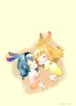  animal_ears blonde_hair blue_hair blush bunny_ears chibi closed_eyes furutani_himawari hairband holding_hands lllllsual multiple_girls oomuro_sakurako short_hair sleeping yuru_yuri 