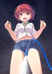 blueberry_(5959) denim denim_shorts emphasis_lines from_below highres hose navel open_mouth original red_eyes red_hair short_hair shorts solo tears water 