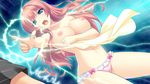  1girl angry areolae ayase_hazuki blue_eyes blush breasts game_cg highres kamidere large_breasts legs long_hair navel nipples no_bra open_mouth panties pink_hair simple_background sweat thighs towel underwear 