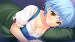  1girl ayase_hazuki bed bed_sheet blue_hair blush breasts cleavage game_cg highres kamidere large_breasts looking_at_viewer lying on_side pillow short_hair solo tan tanline yellow_eyes 