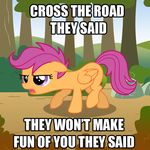  2013 annoyed bush english_text equine female forest friendship_is_magic hair horse image_macro mammal my_little_pony outside pegasus pony purple_eyes purple_hair rock scootaloo_(mlp) sketchyjackie sky solo text tree wings 