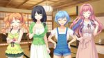  4girls ayase_hazuki black_hair blue_hair breasts crossed_arms eyes_closed game_cg hands_on_hips happy highres kamidere large_breasts legs long_hair multiple_girls open_mouth orange_hair pink_hair short_hair skirt small_breasts smile standing statue thighs tokunaga_hoshino twintails 