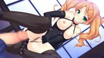  1girl areolae ass ayase_hazuki bare_shoulders blush breasts censored elbow_gloves feet footjob game_cg garter_straps gloves green_eyes highres kamidere latex legs long_hair looking_at_viewer medium_breasts nipples orange_hair penis pussy sitting smile thighhighs thighs toes tokunaga_hoshino twintails 