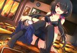  black_bra black_hair black_legwear black_panties blush bra breasts classroom cleavage date_a_live desk dutch_angle garter_straps hair_over_one_eye jianren legs lingerie long_hair looking_at_viewer medium_breasts on_desk open_mouth panties red_eyes school_desk sitting sitting_on_desk skirt skirt_pull solo thighhighs tokisaki_kurumi twintails underwear wavy_mouth 