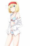  alice-type_underwear alice_margatroid blonde_hair blue_bra blue_eyes blue_panties bra chata_maru_(irori_sabou) collarbone hairband long_sleeves midriff off_shoulder open_mouth panties simple_background solo touhou underwear waking_up 