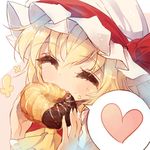  angel_french ascot blonde_hair blush chocolate closed_eyes crumbs doughnut eating flandre_scarlet food french_cruller hat hat_ribbon heart mister_donut mob_cap ponytail puffy_sleeves ribbon shirt short_hair short_sleeves side_ponytail simple_background solo sweets tecoyuke touhou white_shirt 
