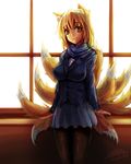  alternate_costume animal_ears blonde_hair breasts fox_ears fox_tail freeze-ex large_breasts ledge multiple_tails necktie pantyhose scarf school_uniform smile solo tail touhou window yakumo_ran yellow_eyes 