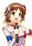  amami_haruka blush brown_hair flower green_eyes hair_flower hair_ornament hair_ribbon idolmaster idolmaster_(classic) idolmaster_movie microphone open_mouth ribbon short_hair smile solo starpiece_memories sweat zen 