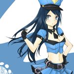  blue_eyes breasts caitlyn_(league_of_legends) cleavage cuffs handcuffs hat hinata8281 league_of_legends medium_breasts midriff navel officer_caitlyn police police_uniform policewoman solo uniform 