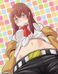  belt blue_eyes blush brown_hair dress_shirt from_below jacket long_hair looking_down makise_kurisu midriff mugai_(tamac) navel necktie red_neckwear shirt steins;gate tied_shirt 