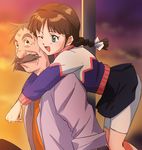  1girl amano_haruka amano_hiroshi bike_shorts black_eyes braid brown_hair facial_hair grandfather_and_granddaughter green_eyes haruyama_kazunori hug hug_from_behind long_hair mustache nagai_ichirou one_eye_closed open_mouth seiyuu_connection short_hair skirt sunset taiyou_no_yuusha_fighbird yuusha_series 