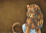  anthro blonde_hair blue_eyes clothing dark_natasha dress egyptian feline female gold hair jewelry lion long_hair looking_at_viewer mammal mixed_media piercing sekhmet solo whiskers 
