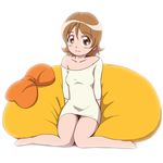  backlighting bare_shoulders blush brown_eyes brown_hair full_body happinesscharge_precure! itommy knees_together_feet_apart oomori_yuuko pantyhose pillow precure sheer_legwear shirt short_hair smile solo white_background 