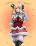  bell black_gloves blonde_hair blue_eyes blush boots breasts capelet christmas gloves hair_ornament heart highres holly large_breasts lips nose pltrgst pyrrha_alexandra santa_costume skirt smile solo soulcalibur soulcalibur_v thigh_boots thighhighs zettai_ryouiki 