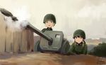  anti-tank_gun artist_name blonde_hair blue_eyes brown_eyes brown_hair dated erica_hartmann faux_traditional_media firing gertrud_barkhorn helmet kanokoga military military_uniform multiple_girls raketenwerfer_43 soldier stahlhelm strike_witches twintails uniform weapon world_war_ii world_witches_series 