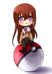  :3 ankle_boots blush boots brown_hair chibi crossed_legs drawfag long_hair makise_kurisu necktie pantyhose poke_ball pokemon purple_eyes red_neckwear sitting sitting_on_object solo steins;gate 