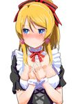  ayase_eli blonde_hair blue_eyes blush breasts cleavage embarrassed hair_ornament large_breasts long_hair love_live! love_live!_school_idol_project maid maid_headdress mogyutto_&quot;love&quot;_de_sekkin_chuu! ponytail sidelocks solo tetsujin_momoko 