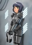  against_wall black_hair bodysuit borrowed_character commander_shepard commander_shepard_(female) cosplay daniel_macgregor green_eyes gun handgun m-5_phalanx mass_effect n7_armor original solo weapon 