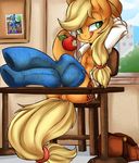  apple applejack_(mlp) blonde_hair blue_fur chair clothing cowboy_hat equine female feral flat_chested freckles friendship_is_magic fruit fur green_eyes hair half-closed_eyes hat holding horse inside long_hair mammal multi-colored_hair my_little_pony orange_fur pegasus photo pony pussy rainbow_dash_(mlp) rainbow_hair rainbowscreen shirt sitting skirt socks solo table tongue window wings 