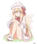  blonde_hair blue_eyes bow capelet dress fairy_wings hair_bow hat leg_hug lily_white long_hair looking_at_viewer sitting smile solo touhou very_long_hair white_dress wings yutamaro 