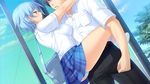  1girl ass ayase_hazuki bag belt blue_hair blush breasts cloud clouds game_cg highres kamidere legs medium_breasts panties pantyshot school_bag school_uniform shoes short_hair sideboob skirt sky sneakers standing thighs tree trees underwear upskirt yellow_eyes 