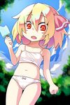  bare_legs blonde_hair blush_stickers camisole clenched_hand collar day dorowa_no_hito eating food from_below hair_ribbon hair_tie highres holding looking_down nature navel outdoors panties popsicle red_eyes ribbon rumia short_hair solo touhou underwear underwear_only white_panties 
