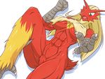  474 abs anthro avian biceps blaziken blonde_hair blush breasts chest_tuft claws female feral fist fur green_eyes hair long_hair looking_at_viewer looking_up lying muscles muscular_female nintendo open_mouth plain_background pok&#233;mon pok&eacute;mon pubes raised_arm raised_leg red_fur shadow solo toe_claws tuft video_games white_background yellow_fur 