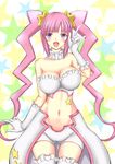  1girl :d \m/ bad_id bad_pixiv_id bare_shoulders blush breasts cleavage crop_top elbow_gloves frilled_thighhighs frills gloves gundam gundam_build_fighters highres kirara_(gundam_bf) large_breasts long_hair midriff navel open_mouth pink_hair purple_eyes rate_(happy_afternoon) shiny_skin shorts showgirl_skirt smile solo star_(symbol) thigh_gap thighhighs twintails white_shorts 