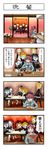  4koma blue_eyes bow bowl chopsticks clara_dolls_(madoka_magica) comic commentary cup egg fire_extinguisher flying_sweatdrops food green_eyes hair_bow hat highres mahou_shoujo_madoka_magica mahou_shoujo_madoka_magica_movie menu multicolored multicolored_eyes multiple_girls noodles ramen red_eyes red_hair restaurant ringed_eyes sakura_kyouko sharp_teeth smile soy_sauce teeth translated tree yt_(yt_ty) 