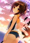  :o ass bangs bare_shoulders bird blue_swimsuit blush breasts brown_hair cloud cowboy_shot dutch_angle feathers from_side hair_ornament high_ponytail holding i-401_(kantai_collection) kantai_collection looking_at_viewer looking_back ocean one-piece_swimsuit open_mouth orange_eyes outdoors parted_bangs ponytail ribbon sailor_collar school_swimsuit shirt short_hair short_ponytail sidelocks sky sleeveless sleeveless_shirt small_breasts solo standing sunset swimsuit swimsuit_under_clothes water yadapot 