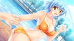  1girl ass ayase_hazuki bikini blue_hair blush breasts cleavage game_cg happy highres kamidere large_breasts legs looking_at_viewer open_mouth pool poolside short_hair smile solo_focus standing swimsuit tan tanline thighs water yellow_eyes 