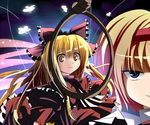  adda alice_margatroid bangs blonde_hair blue_eyes bow cape close-up dress frills hair_bow half-closed_eyes hourai_doll long_hair long_sleeves multiple_girls noose red_bow red_dress ribbon serious short_hair smile smirk solo_focus touhou yellow_eyes 