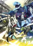  armband blue_eyes blue_hair chain digital_media_player evoker grey_hair gun headphones highres izanagi male_focus multiple_boys narukami_yuu persona persona_3 persona_4 ron_(lovechro) school_uniform short_hair thanatos weapon yuuki_makoto 