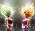  blonde_hair breasts caulifla clenched_hands commentary_request dragon_ball dragon_ball_super eye_contact green_eyes highres kale_(dragon_ball) looking_at_another medium_breasts midriff multiple_girls muscle signature skirt spiked_hair strapless super_saiyan tank_top tete_(amakuchichiyoko) tubetop 