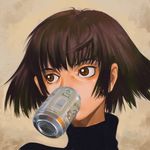  bangs barcode beer_can blunt_bangs brown_eyes brown_hair can ilya_kuvshinov kirin_(company) mouth_hold nonaka_haru recycling_symbol short_hair solo turtleneck yesterday_wo_utatte 