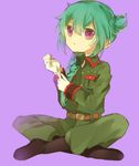  bad_id bad_pixiv_id braid gloves green_hair inazuma_eleven inazuma_eleven_(series) junekun long_hair male_focus military military_uniform mistorene_callus purple_eyes sitting solo uniform 