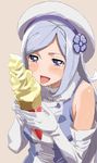  aila_jyrkiainen bare_shoulders blue_eyes blush breasts elbow_gloves food gloves gundam gundam_build_fighters hat ice_cream long_hair medium_breasts open_mouth silver_hair smile solo tetsujin_momoko tongue 